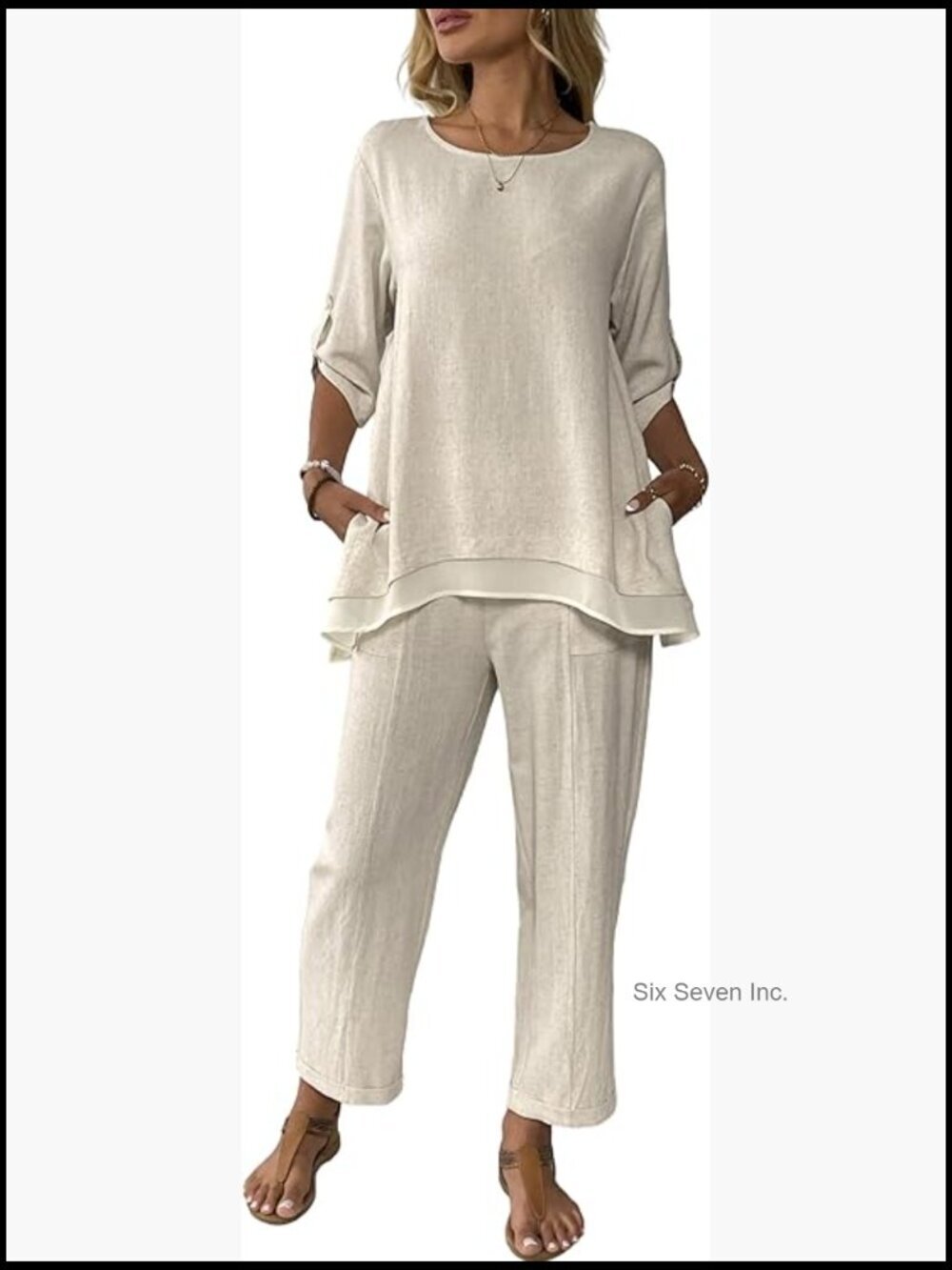 Linen 2 Piece Outfits Rolled Sleeves Top Wide Leg Trouser Pants Suits Summer